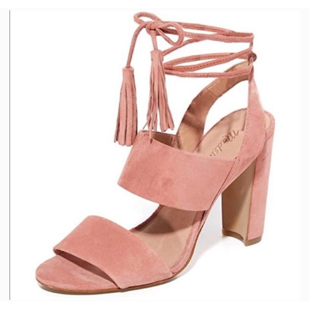 Madewell Pink Suede Block Heel Tassel Tie Sandals